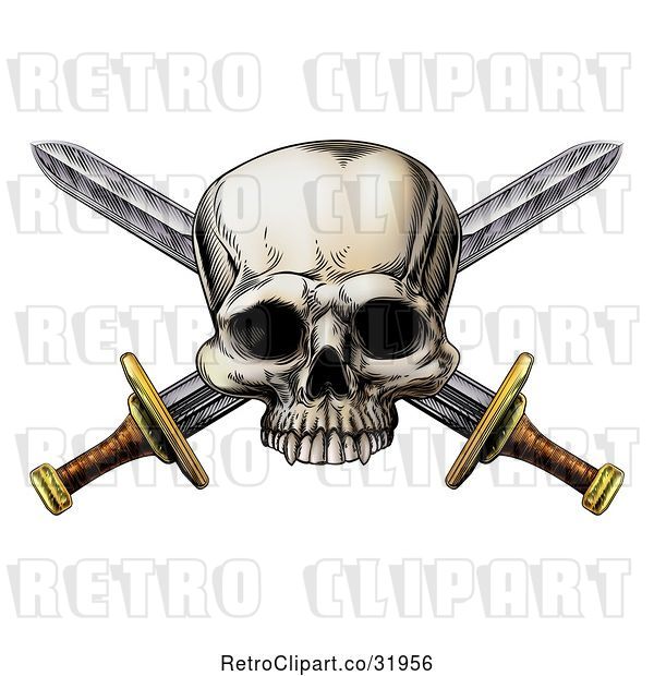Vector Clip Art of Retro Engraved Pirate Skull over Crossed Swords