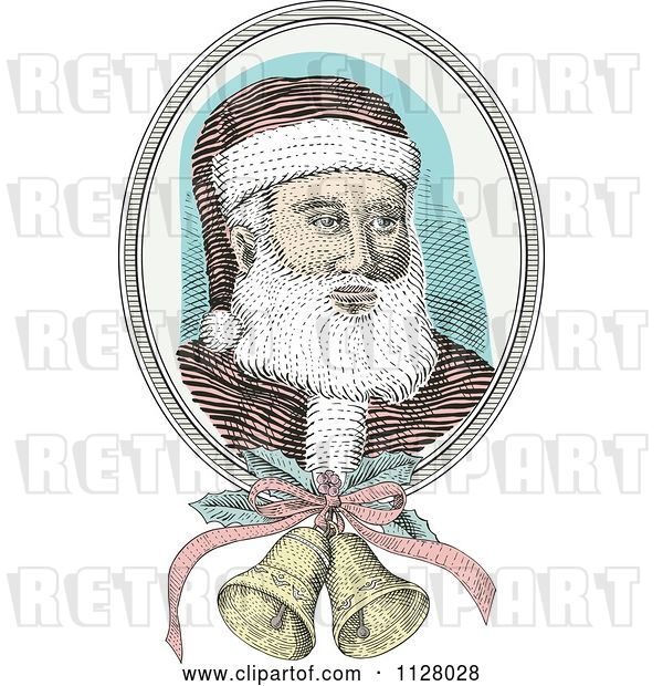 Vector Clip Art of Retro Engraved Santa Face with Christmas Bells