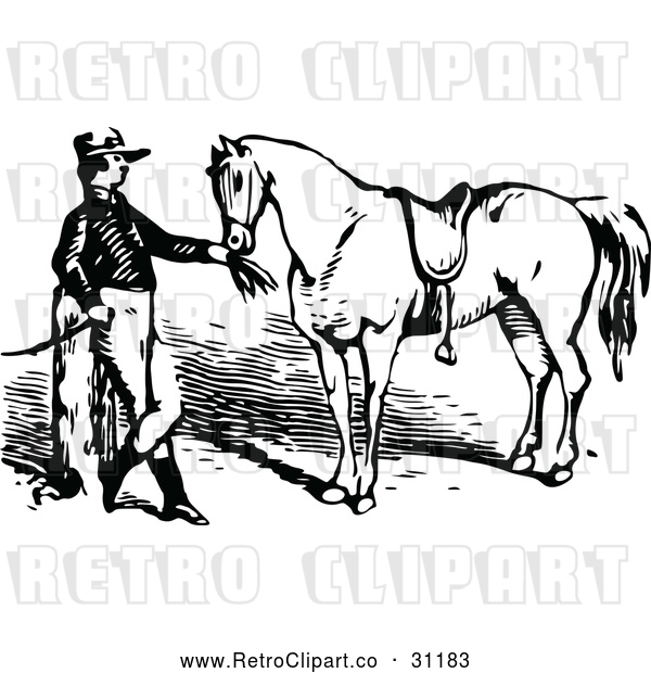 Vector Clip Art of Retro Equestrian Feeding His Horse