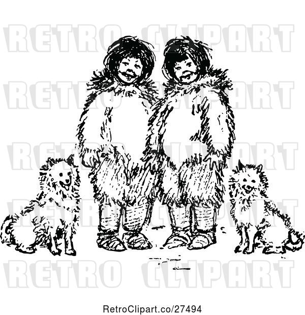 Vector Clip Art of Retro Eskimo KChildren and Dogs