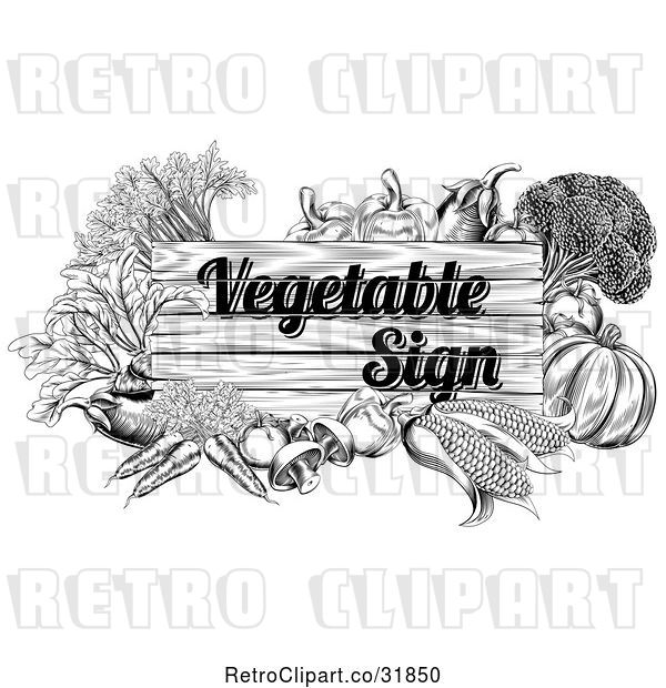 Vector Clip Art of Retro Etched Vegetable Sign and Produce