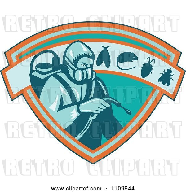 Vector Clip Art of Retro Exterminator Pest Control Worker Using Spray on a Shield with a Rat Mouse Fly and Cockroach
