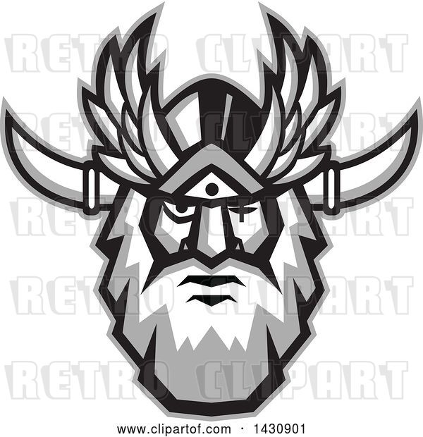 Vector Clip Art of Retro Face of Odin with a Beard and Helmet and Bind over One Eye