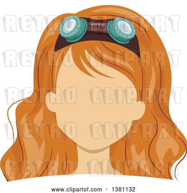 Vector Clip Art of Retro Faceless Red Haired White Lady's Face with Goggles in Her Hair
