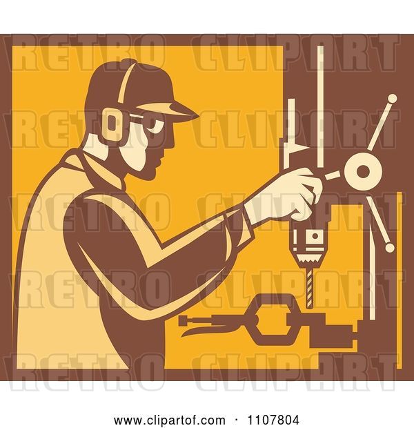 Vector Clip Art of Retro Factory Worker Operating a Drill Press in Yellow and Brown