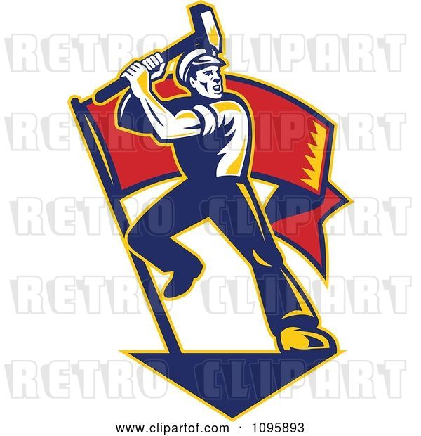 Vector Clip Art of Retro Factory Worker Swinging a Sledge Hammer over a Red Banner Flag