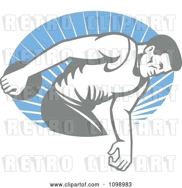 Vector Clip Art of Retro Faded Male Athlete Throwing a Discus over Blue Rays