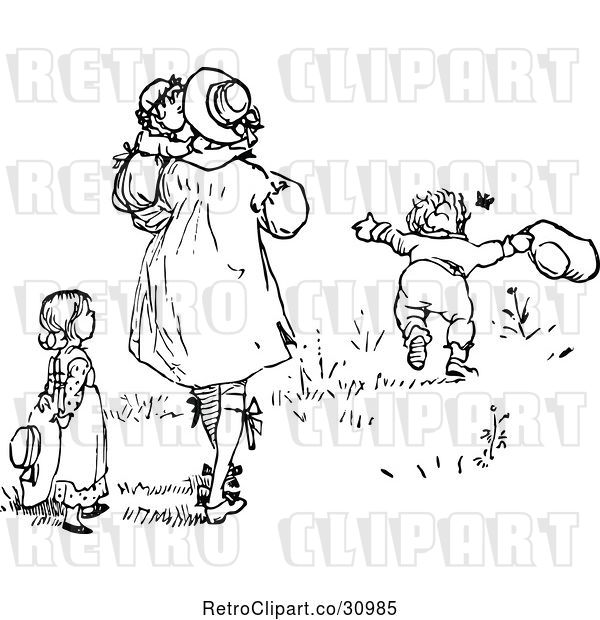 Vector Clip Art of Retro Family Playing in a Meadow