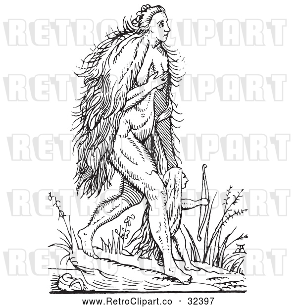 Vector Clip Art of Retro Fantasy Hairy Woman and Child Black and White