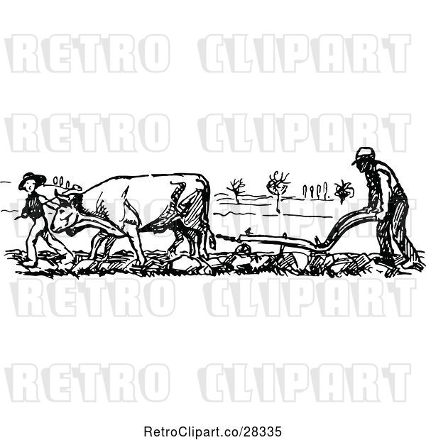Vector Clip Art of Retro Farmer and Cow Ploughing