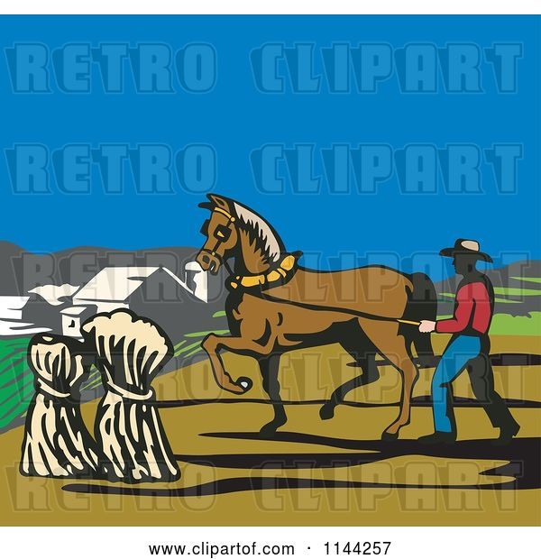 Vector Clip Art of Retro Farmer and Horse Harvesting Hay