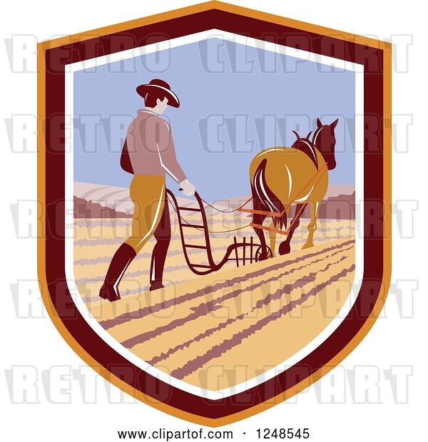 Vector Clip Art of Retro Farmer and Horse Plowing a Field in a Shield
