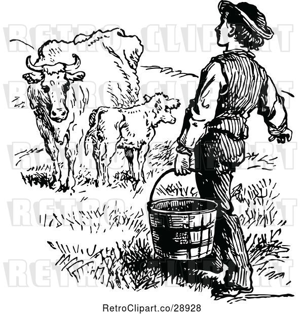 Vector Clip Art of Retro Farmer Carrying a Bucket Towards Cows