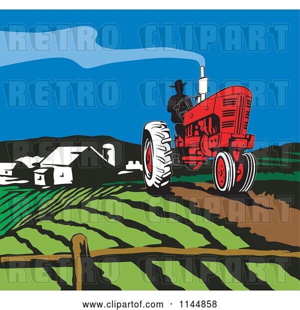 Vector Clip Art of Retro Farmer Operating a Tractor on a Field 2