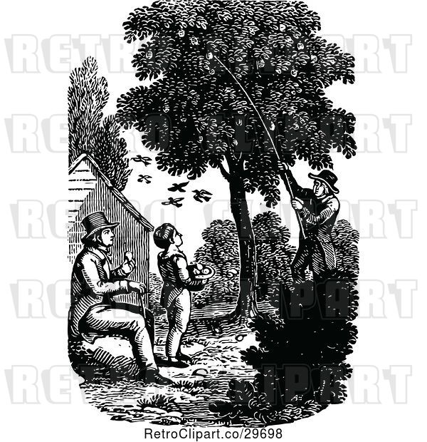 Vector Clip Art of Retro Father and Son Picking Fruit from a Tree