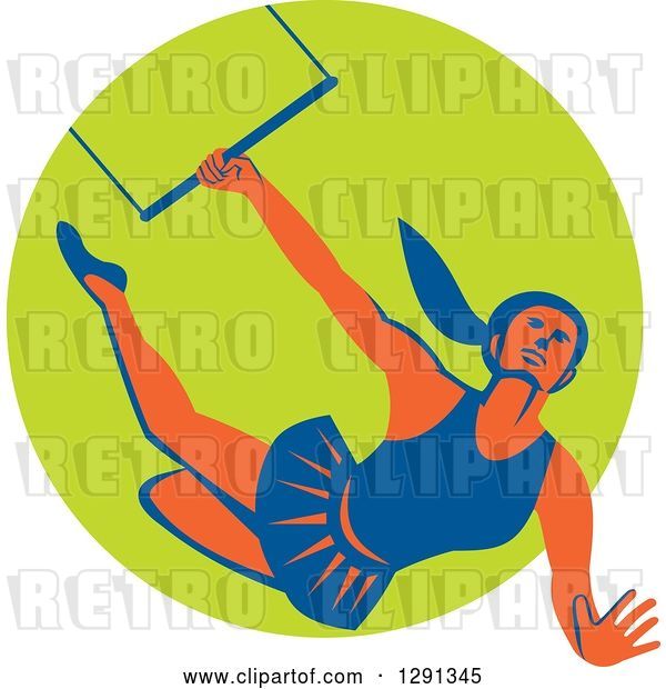 Vector Clip Art of Retro Female Acrobat Flying on a Trapeze and Emerging from a Green Circle