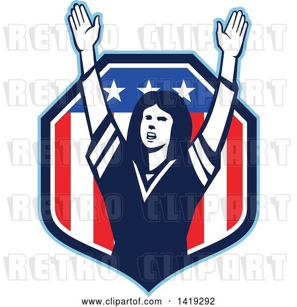 Vector Clip Art of Retro Female American Football Fan Cheering with Her Arms up in an American Shield