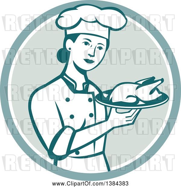 Vector Clip Art of Retro Female Chef Holding a Roasted Chicken on a Plate in a Circle