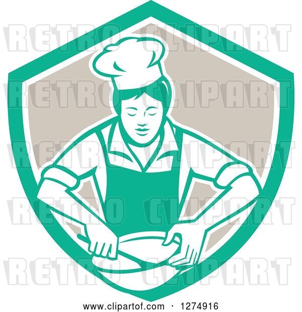 Vector Clip Art of Retro Female Chef Mixing Ingredients in a Bowl Inside a Green White and Taupe Shield