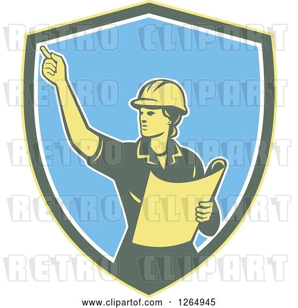 Vector Clip Art of Retro Female Construction Worker Engineer in a Yellow Green White and Blue Shield