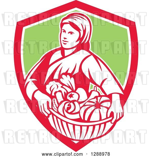Vector Clip Art of Retro Female Farmer Holding a Basket of Harvest Produce in a Red White and Orange Shield