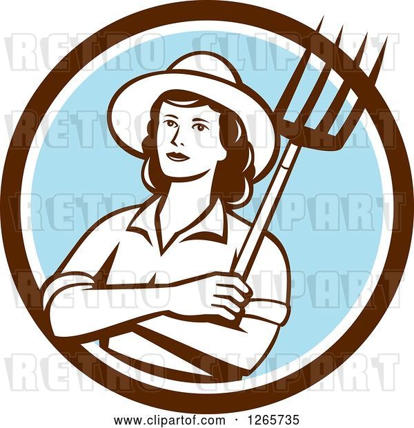 Vector Clip Art of Retro Female Farmer Holding a Pitchfork in a Brown White and Blue Circle
