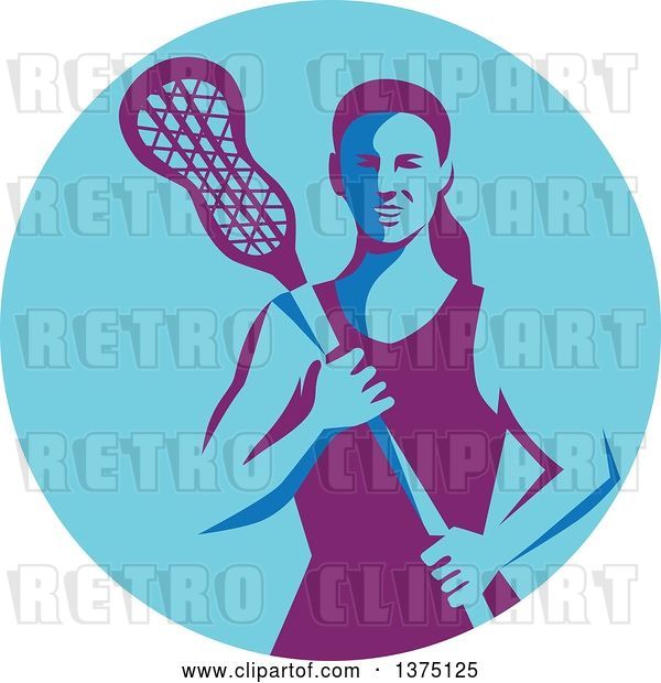 Vector Clip Art of Retro Female Lacrosse Player Holding a Stick in a Purple and Blue Circle