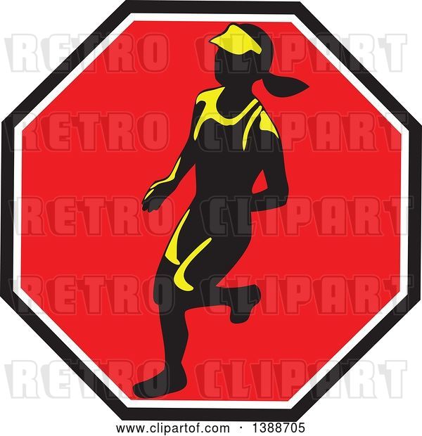 Vector Clip Art of Retro Female Marathon Runner in a Black White and Red Octagon