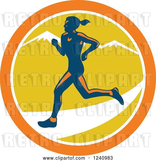 Vector Clip Art of Retro Female Marathon Runner in a Circle of Muntains