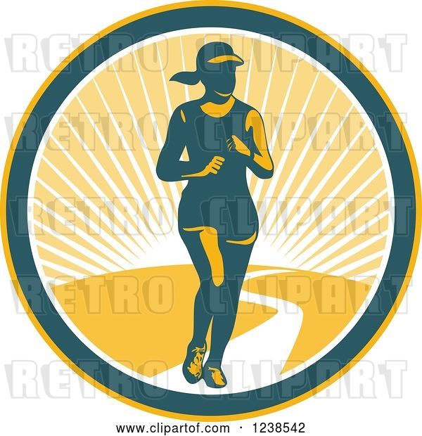 Vector Clip Art of Retro Female Marathon Runner in a Sunny Circle
