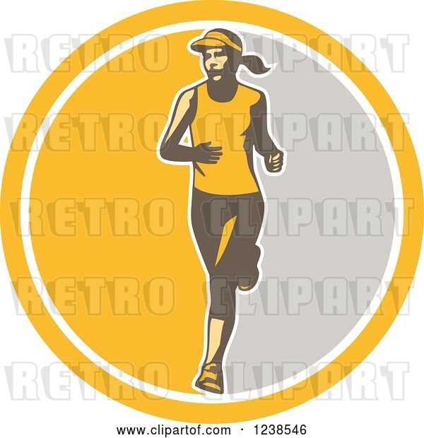 Vector Clip Art of Retro Female Marathon Runner in a Yellow and Gray Circle