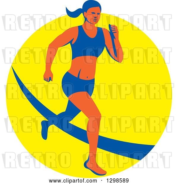 Vector Clip Art of Retro Female Marathon Runner over a Yellow Circle