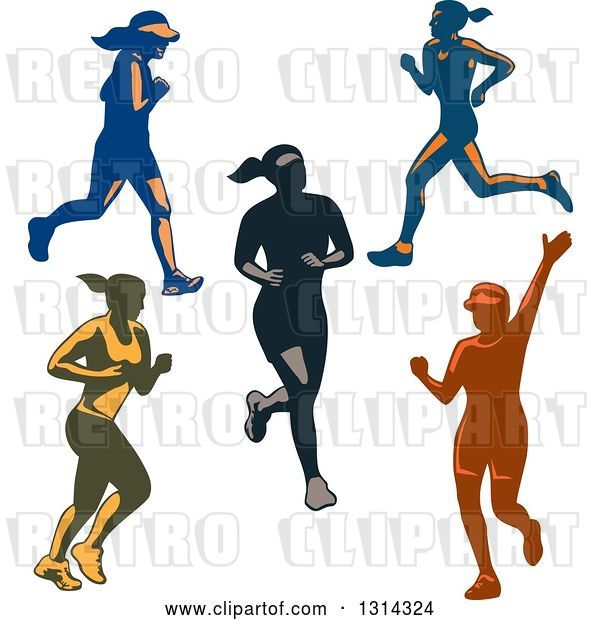Vector Clip Art of Retro Female Marathon Runners in Action