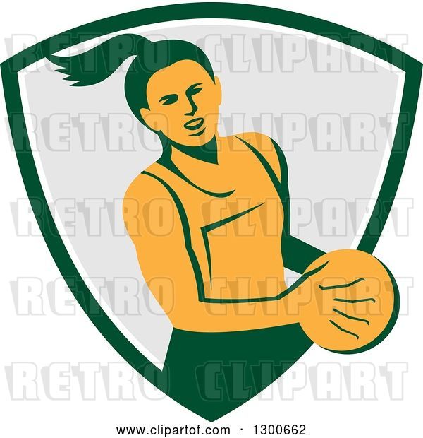 Vector Clip Art of Retro Female Netball Player Emerging from a Green White and Gray Shield