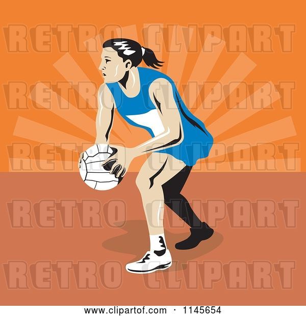 Vector Clip Art of Retro Female Netball Player over Orange Rays