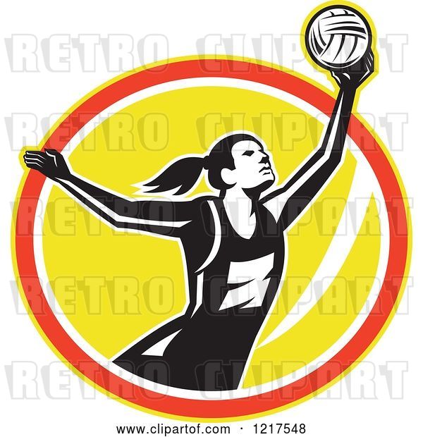 Vector Clip Art of Retro Female Netball Player Rebounding over a Yellow Oval