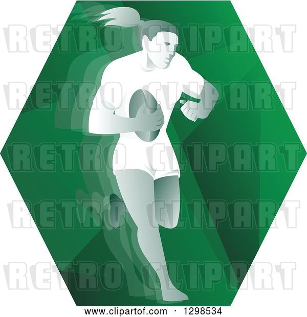 Vector Clip Art of Retro Female Rugby Player Running in a Green Hexagon