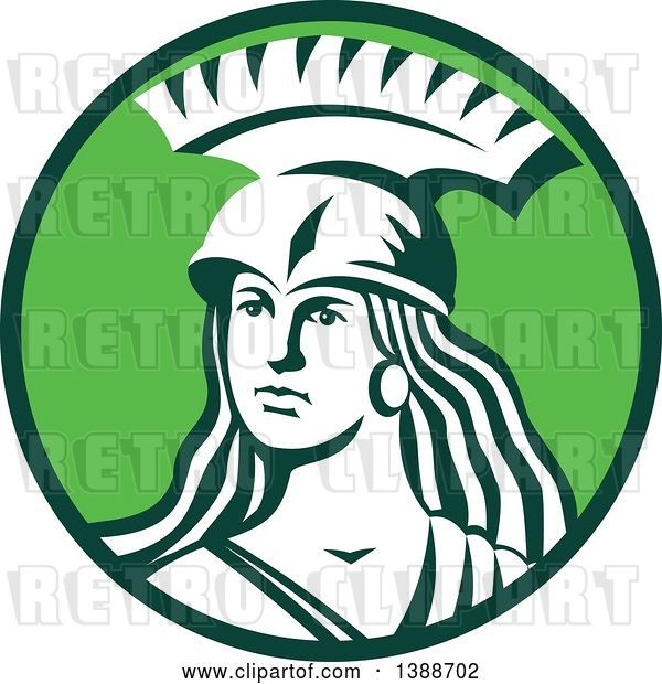 Vector Clip Art of Retro Female Spartan Warrior in a Green and White Circle