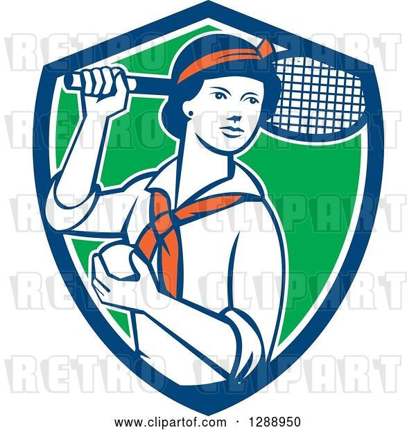 Vector Clip Art of Retro Female Tennis Player Holding a Racket and Ball in a Blue White and Green Shield