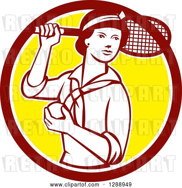 Vector Clip Art of Retro Female Tennis Player Holding a Racket and Ball in a Maroon White and Yellow Circle