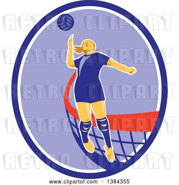 Vector Clip Art of Retro Female Volleyball Player Jumping and Spiking the Ball in a Blue Purple and White Oval