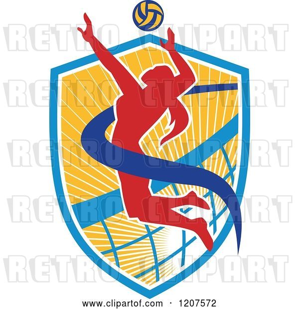 Vector Clip Art of Retro Female Volleyball Player Spiking a Ball on a Shield