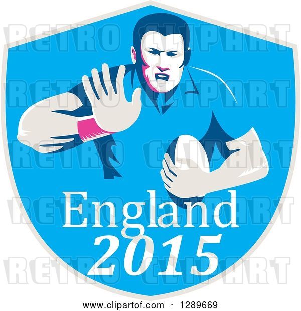 Vector Clip Art of Retro Fending Rugby Union Player with Ball in a Blue England 2015 Shield