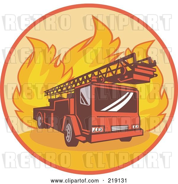Vector Clip Art of Retro Fire Truck and Flames Logo