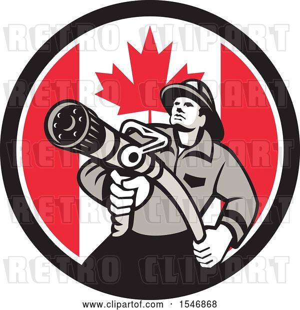 Vector Clip Art of Retro Firefighter Holding a Hose in a Canadian Flag Circle