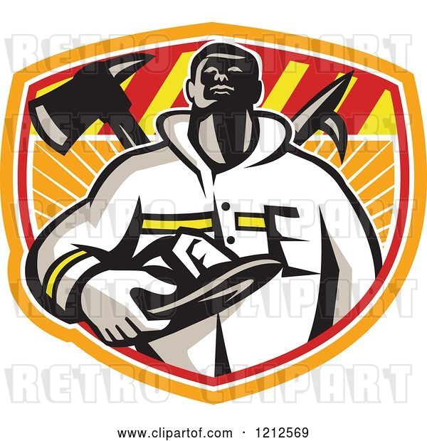 Vector Clip Art of Retro Firefighter Holding His Helmet over a Fire Axe and Hook in a Shield