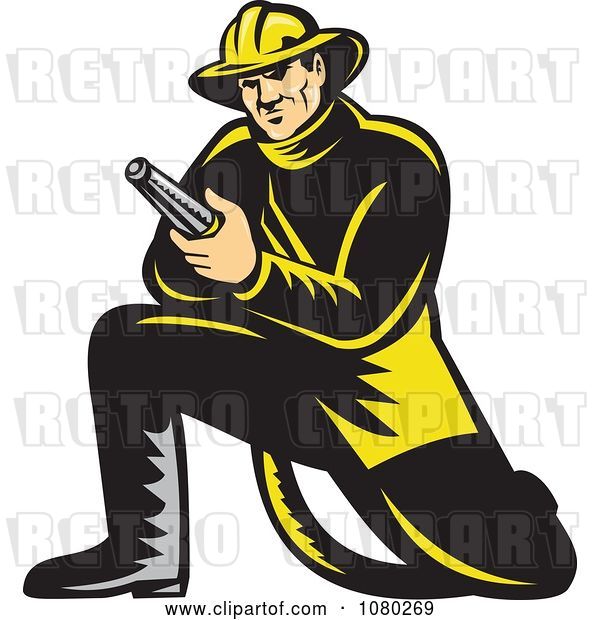 Vector Clip Art of Retro Firefighter Kneeling and Holding a Hose