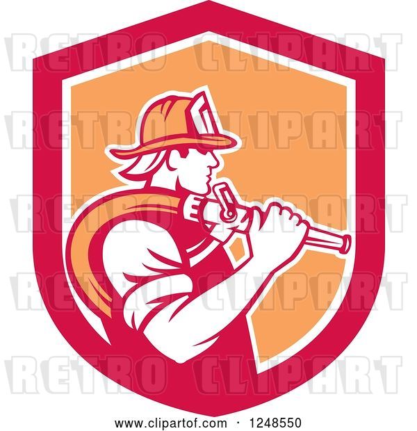 Vector Clip Art of Retro Firefighter with a Hose in a Shield