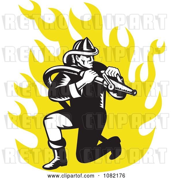 Vector Clip Art of Retro Firefighter with a Hose over Yellow Flames