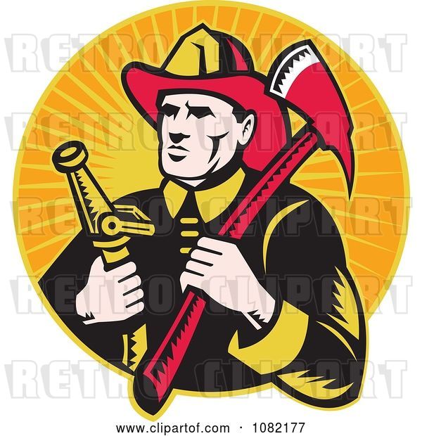 Vector Clip Art of Retro Firefighter with an Axe and Hose over Orange Rays